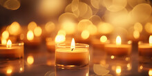 Horizontal Wallpaper With Lots Of Little Candles With Fire. Soft Light From Tee Candles Creating A Peaceful Atmosphere. 