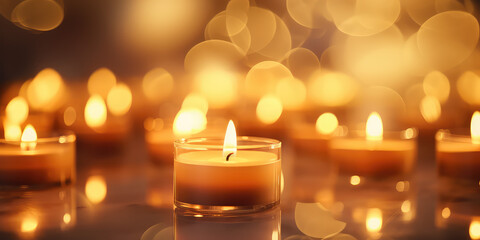 Horizontal wallpaper with lots of little candles with fire. Soft light from tee candles creating a peaceful atmosphere. 