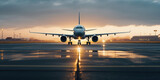 Ready for departure, Airplane prepares for takeoff on airport runway, front view, horizontal wallpaper. 