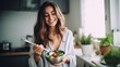 © ckybe - Image of a beautiful Caucasian woman using a cooking ladle spoon to enjoy a bowl of soup filled with fresh vegetables in her home kitchen.