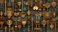 Seamless Pattern Background Featuring A Collection Of Vintage Keys And Locks