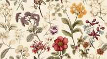 Seamless Pattern Background Featuring A Collection Of Vintage Botanical Illustrations With Flowers And Leaves In Muted Colors
