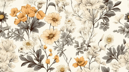 Sticker - Seamless pattern background featuring a collection of vintage botanical illustrations with flowers and leaves in muted colors
