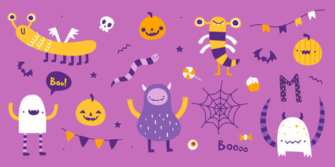 Wall Mural - Cute halloween set with funny monsters and festive decoration. Cartoon vector collection for halloween.