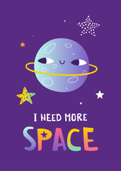 Wall Mural - abstract poster with smiling planet and lettering. trendy space print with stylized planet and text.