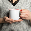 © Pixel Prism - Closeup of female hands with a ceramic mug of beverage. Beautiful girl holding white red cup of tea or coffee in the morning sunlight. Mug for your design. Empty mockup template