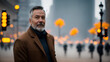 © Dawid - Serious man with black hair and beard wearing brown coat. Blurry background with mockup. Generative AI.