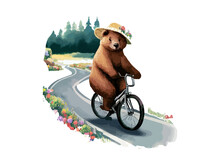 Bear On Bicycle.. Brown Bear Riding A Bike In Floral Countryside Road, Vintage Clipart Png.