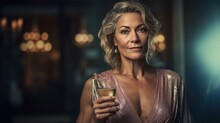 Middle Aged Woman In Elegant Dress Holding Champagne Glass On New Year's Eve