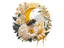 Watercolor Floral Honey Moon With Flying Bee And Sunflower, Vector Illustration Isolated In White Background.
