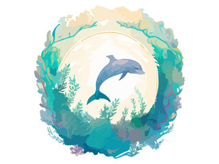 Wall Mural - Watercolor Dolphin Underwater Clipart PNG
