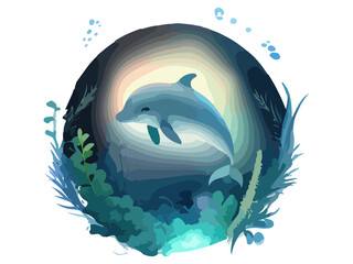 Wall Mural - Watercolor Dolphin Underwater Clipart PNG
