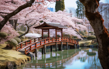 Canvas Print - bridge over the river and under the cherry blossoms created with Generative AI technology