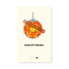 Poster - Bowl of noodles with spoon and chopsticks flat vector icon. Asian meal at home or restaurant isolated vector illustration. Food, menu, dinner, Asian culture concept for web design and apps