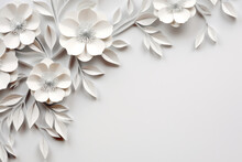 Paper Cut Decor With Blooming White Flowers In Left Corner On Light Background. Abstract Hand Craft Floral Composition