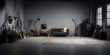 zoom background of the photography studio with sofa couch lights and lamps in black, white, gray