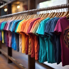 Wall Mural - Colorful t-shirts on a hanger in a shop.