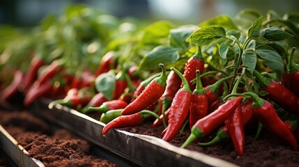 Sticker - Red and green chilies growing in the vegetable garden