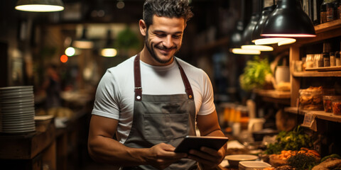 Digital Technology in the Restaurant Industry: A chef uses a tablet computer to order groceries for the restaurant kitchen, demonstrating the use of digital technology in the restaurant industry.