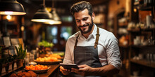 Chef Uses Tablet To Manage Restaurant Inventory: A Chef Uses A Tablet Computer To Manage The Restaurant Inventory, Ensuring That The Kitchen Has The Necessary Supplies.