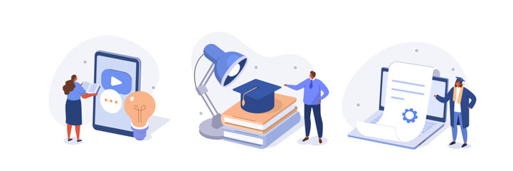 Education concept illustrations set. Students preparing to start a new academic year and studying with book on various subjects. Vector illustration.