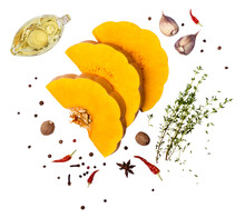 Sliced Of Raw Organic Butternut Squash With Spices And Olive Oil Cut Out On Transparent Background