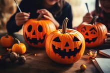 Group Of Children Carving And Painting Pumpkins For Halloween, Generative Ai