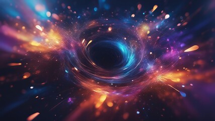 Wall Mural - abstract art concept, black hole and surrounding dark matter, bursts of multi-colored neon energy in