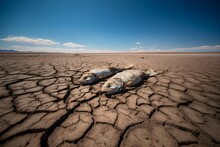 Remains Of Dead Fishes On A Cracked And Dry Land, Representing Drought, Evaporation, High Temperatures And Heat Waves, Climate Change, Global Warming, Environment Concept