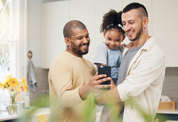 Poster - Selfie, blended family and a girl with her lgbt parents in the kitchen together for a social media profile picture. Adoption photograph, smile or love and a daughter with her gay father in the home