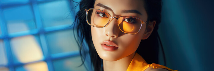 Close-up beauty portrait of a young asian woman wearing glasses on a blue background