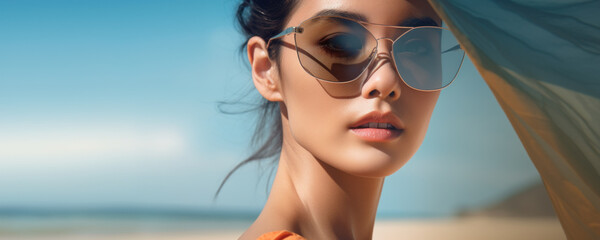 Close-up beauty portrait of a young asian woman on the beach wearing sunglasses on a blue background