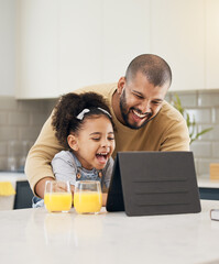 Sticker - Tablet, video call and father with girl in kitchen, living room or online communication in home with smile and hello. Happy, black family and virtual chat, conversation or talking on mobile app