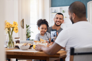 Canvas Print - Cellphone, lunch or photo of gay couple, kid and memory picture of bonding happy family in home dining room. Smartphone, photography or child smile with bisexual, queer or non binary dad in apartment