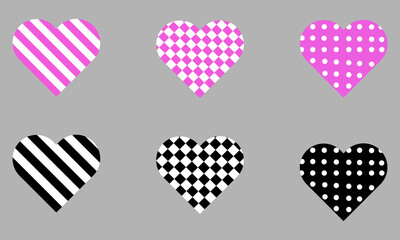 Wall Mural - Hearts set in pink, black and white colors. Collection of hearts in different patterns. Hearts of love png file.