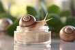 Moisturizing face cream with snail mucus. Beige cosmetic product background. Generative AI