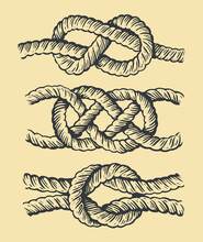 Set Of Ship Rope Knots. Vintage Sketch Vector Illustration In Engraving Style