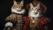 3d portrait, Animals, Cats, Reinassance, Dressed, Ruler, King, Princes, Emperors. MEMORY OF A TERRIBLE FELINE DICTATORSHIP. An heirloom from history. A couple of powerful, ruthless felines dictators