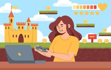 Wall Mural - woman play in game concept. girl near laptop with field. level in arcade in mobile app or program. c