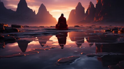 Wall Mural - Cinematographic photography of a spiritual warrior, silence and stillness, incredible landscapes, neon colors
