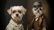 3d ironic poodle family portrait, dog, couple, 1800, grandfather, grandson. FELINE GENERATION. Grandfather Dog with dark sunglasses, hat, brown clothes and his grandchild with eyeglasses, bowtie