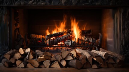 Wall Mural - Fire in fireplace, burning wood flames on logs closeup