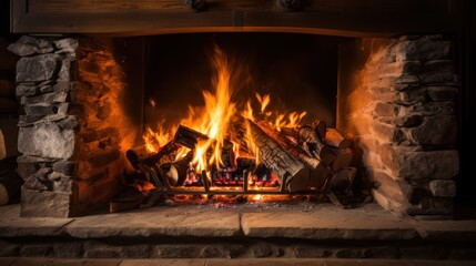 Wall Mural - Fire in fireplace, burning wood flames on logs closeup