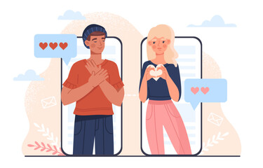 Wall Mural - people at online dating concept. man and woman communicate through smartphone screens. dialog in soc