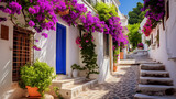 Fototapeta  - Witness the Mediterranean's coastal charm with this captivating image. Lined along narrow alleys and adorned with vibrant flowers, these picturesque houses invite you to stroll through the heart of qu