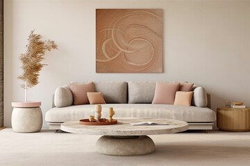 A modern living room décor composed of a mock up poster frame wooden side table, a beige sofa, and little home ornaments. showing a home creatively. The wall is empty. Copying space is available