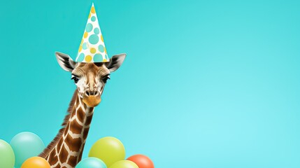 Wall Mural -  a giraffe wearing a party hat surrounded by balloons.  generative ai