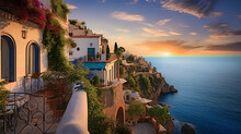 Step Into A World Of Mediterranean Dreams With This Enchanting Image Of Idyllic Houses. Nestled On A Hillside Or Perched On Cliffs, These Homes Offer Panoramic Vistas Of The Azure Sea Below. With Terr
