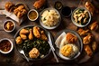 southern soul food with fried chicken and collard greens 