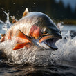 Salmon trout jumps out of the water, ai generated